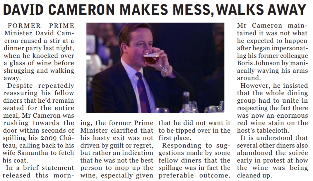 Article entitled, ‘David Cameron makes mess, walks away’, featuring an image of David Cameron
                sipping from a glass of wine
